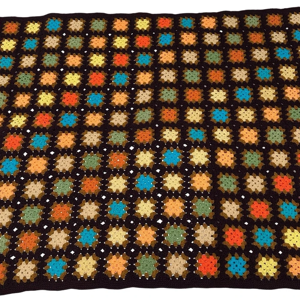 VTG Autumn Fall Crochet Granny Square‎ Afghan Multicolor Blanket 60x43
